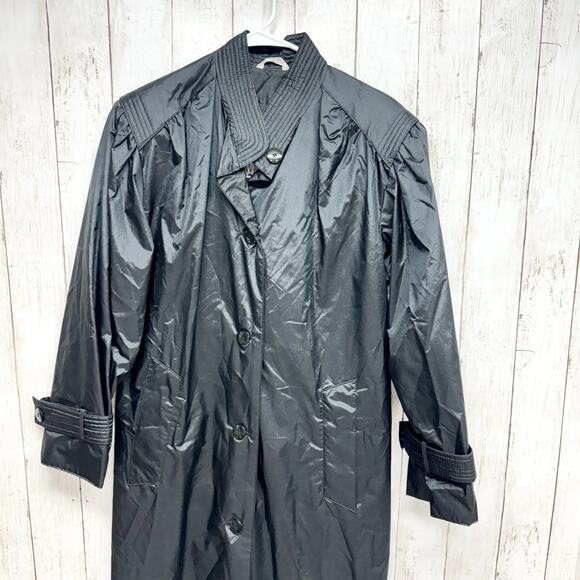 Vintage Windsor Bay Coat Women Size 6 Trench Sleek Black Button Pockets Utility - Picture 1 of 11